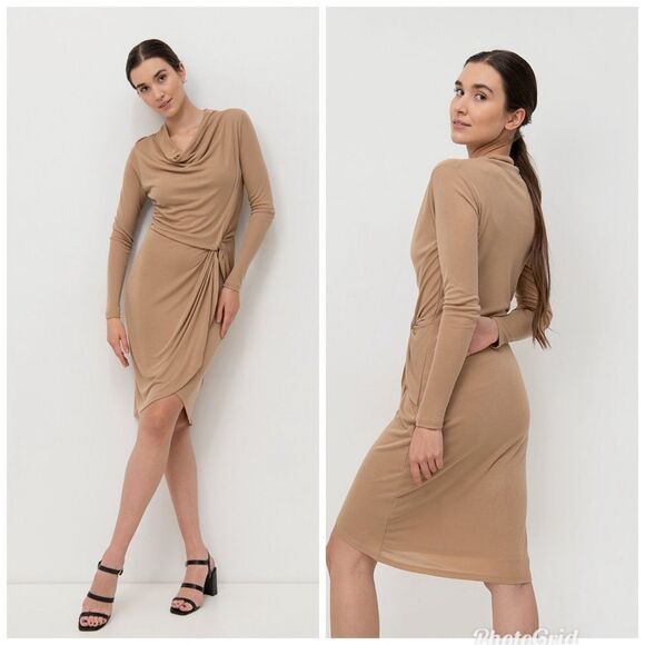 Revolve Ted Baker Neyda Camel Wrap Jersey Tan Long Sleeve dress - Picture 3 of 13